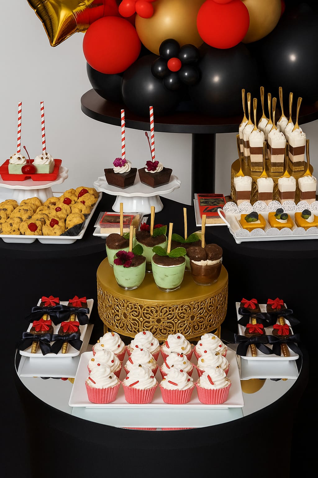 Mesa de postres elegante con cupcakes y dulces